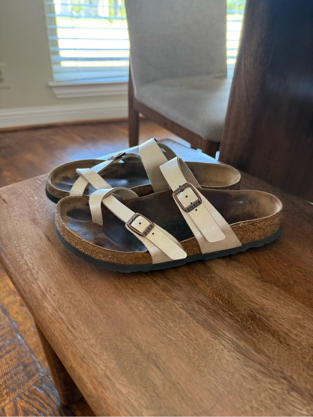 Birkenstock White Strappy Cork Footbed Sandals with Buckles